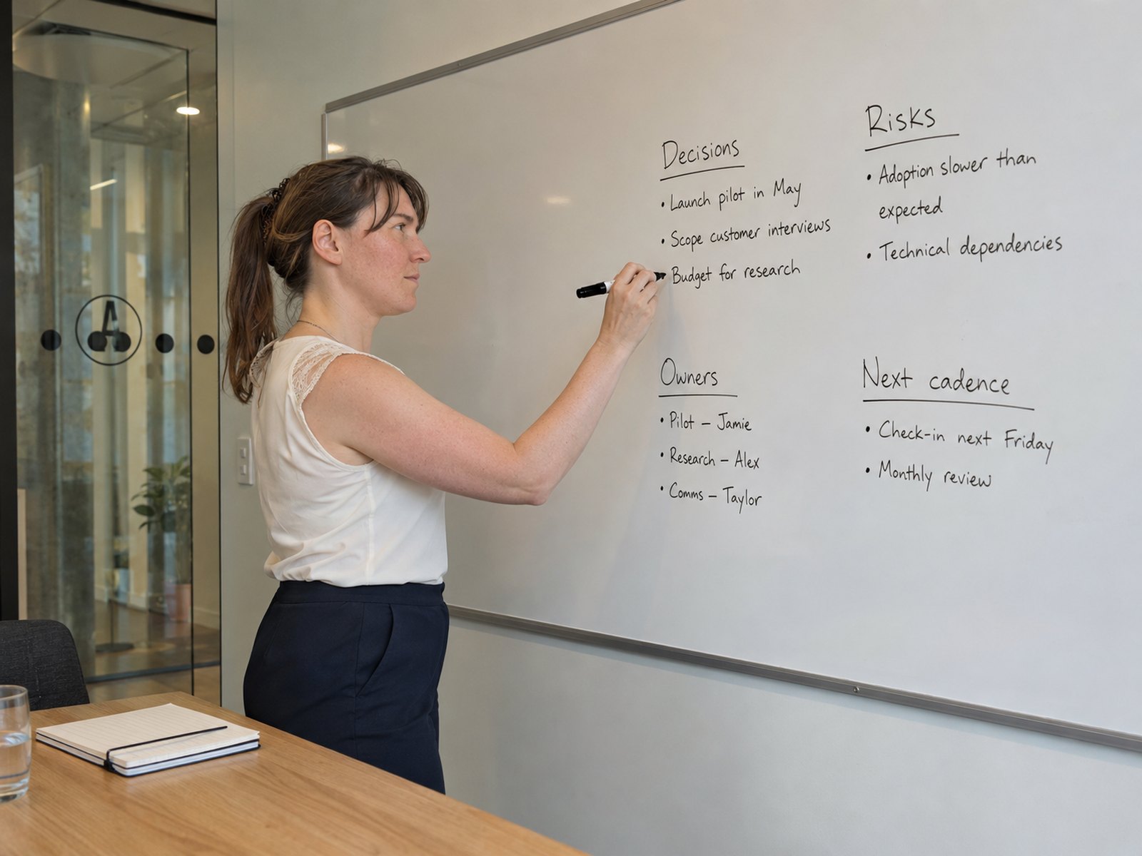 Eleonora mapping out decisions, owners and next steps on a whiteboard