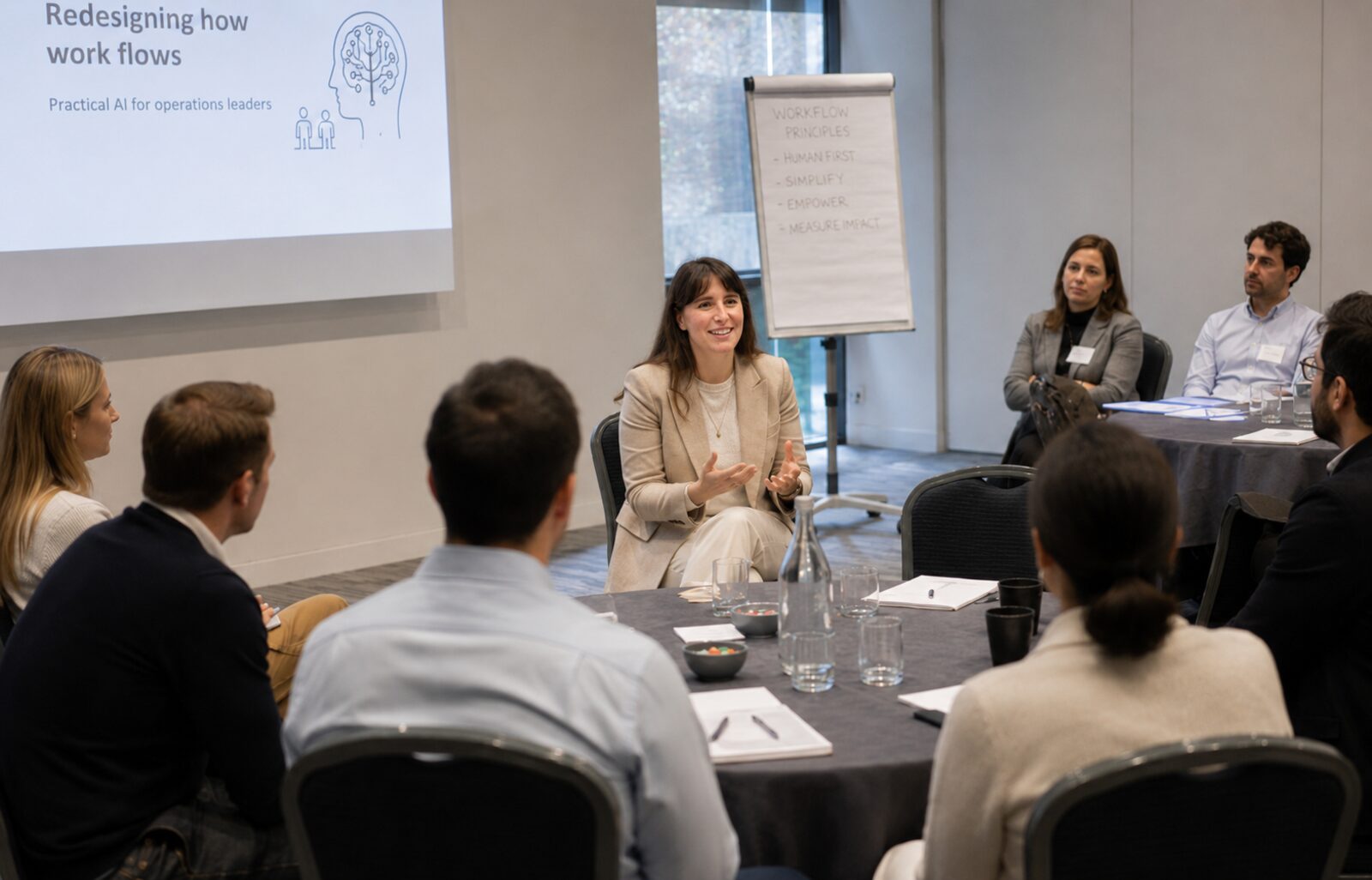 Eleonora leading a Workbench session with a group of operations leaders around a table